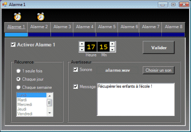 les paramètres des alarmes de l'Horlorge Parlante 3000