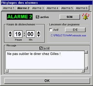 les paramètres des alarmes de l'Horlorge Parlante 2000